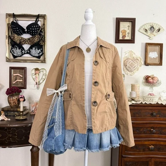 preppy classic girly grunge tan button up twee jacket w chunky buttons - Picture 2 of 6